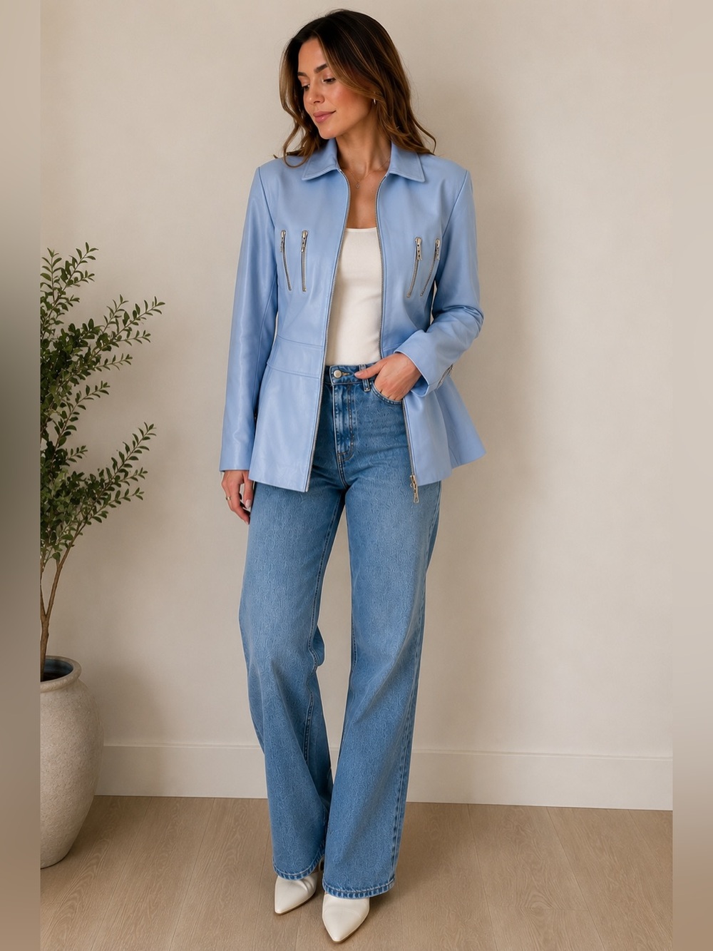 St. John Sport Marie Gray Blue Leather Zip Jacket Peplum Silk M Collector RARE